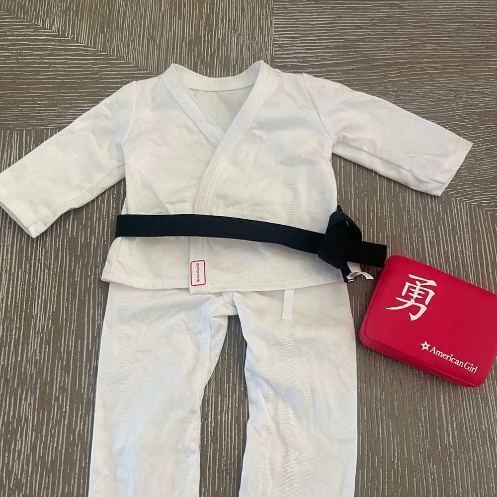 American Girl White Martial Arts Outfit with Black Belt and Red pillow